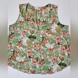 Rose And Olive Blouse Womens 2X Green Tan Tropical Floral Print